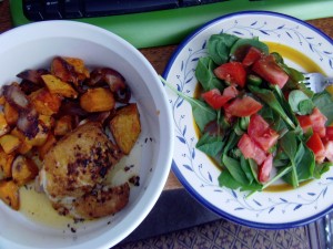 Chicken thigh, sweet potatoes and a side of spinach salad